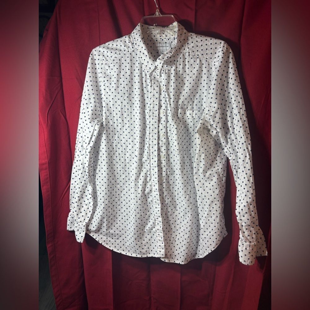 Liz Claiborne White & Navy Blue Polka Dots with Pocket Long Sleeve Women’s Top S